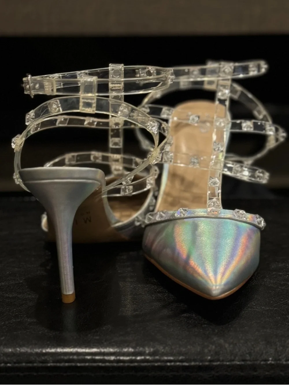 🪩 Mix No. 6 Liraven Caged Pump Heel in Iridescent/Clear Metallic with Studs